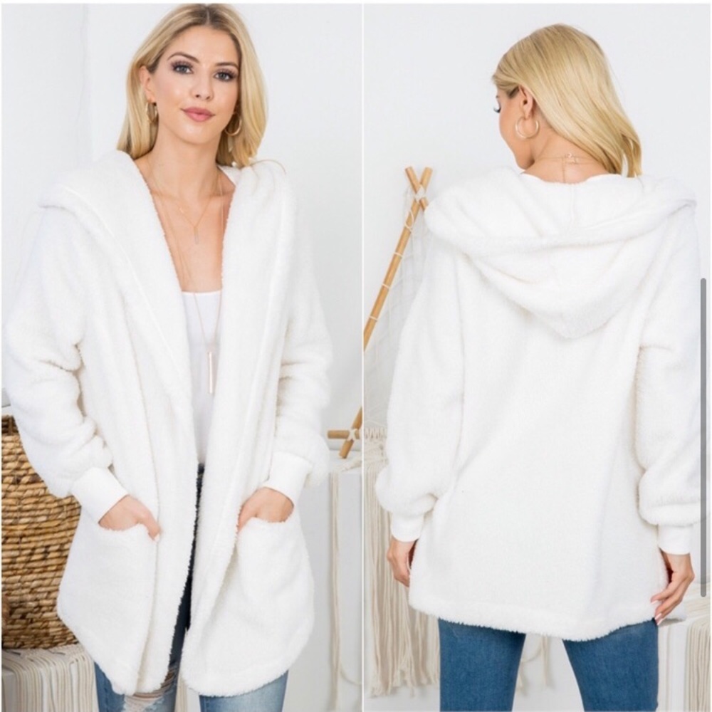 LAST ONE: Off white warm teddy faux Sherpa cute open hooded women’s cardigan - Picture 4 of 4